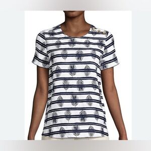 Lands End Linen Striped Palm Leaf Top Size 1X Blue White Button Detail NWT